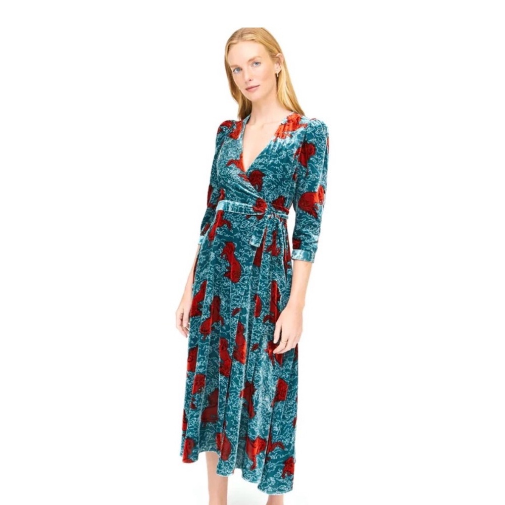 RHODE Teal Wrap Midi Dress with Red Floral Print